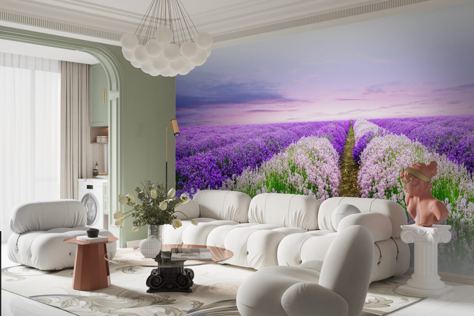 Fototapeten Feld mit einem duftenden Lavendel in den Wiesen