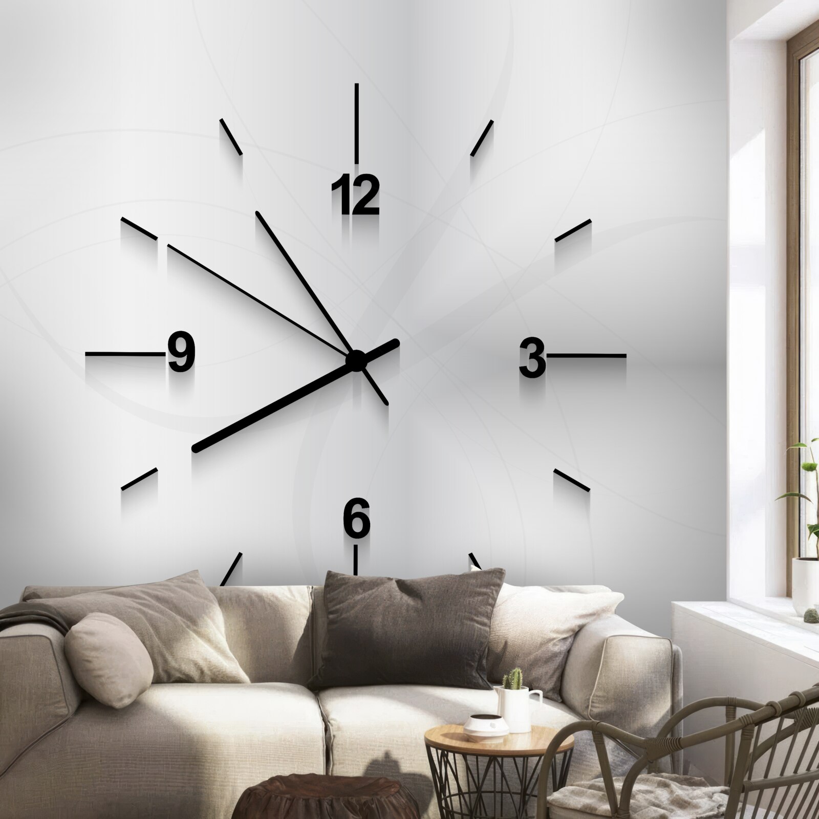 Fototapeten Eine silberne Uhr mit vier Zahlen hängt an der Wand