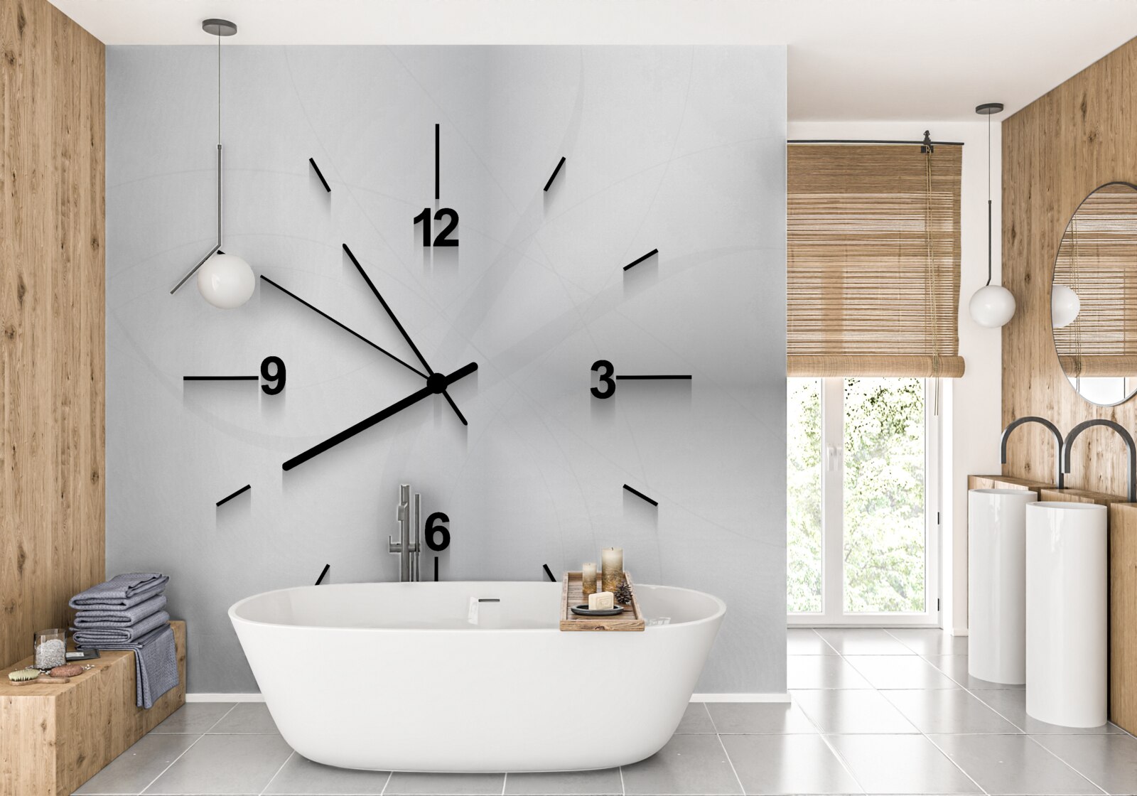 Fototapeten Eine silberne Uhr mit vier Zahlen hängt an der Wand