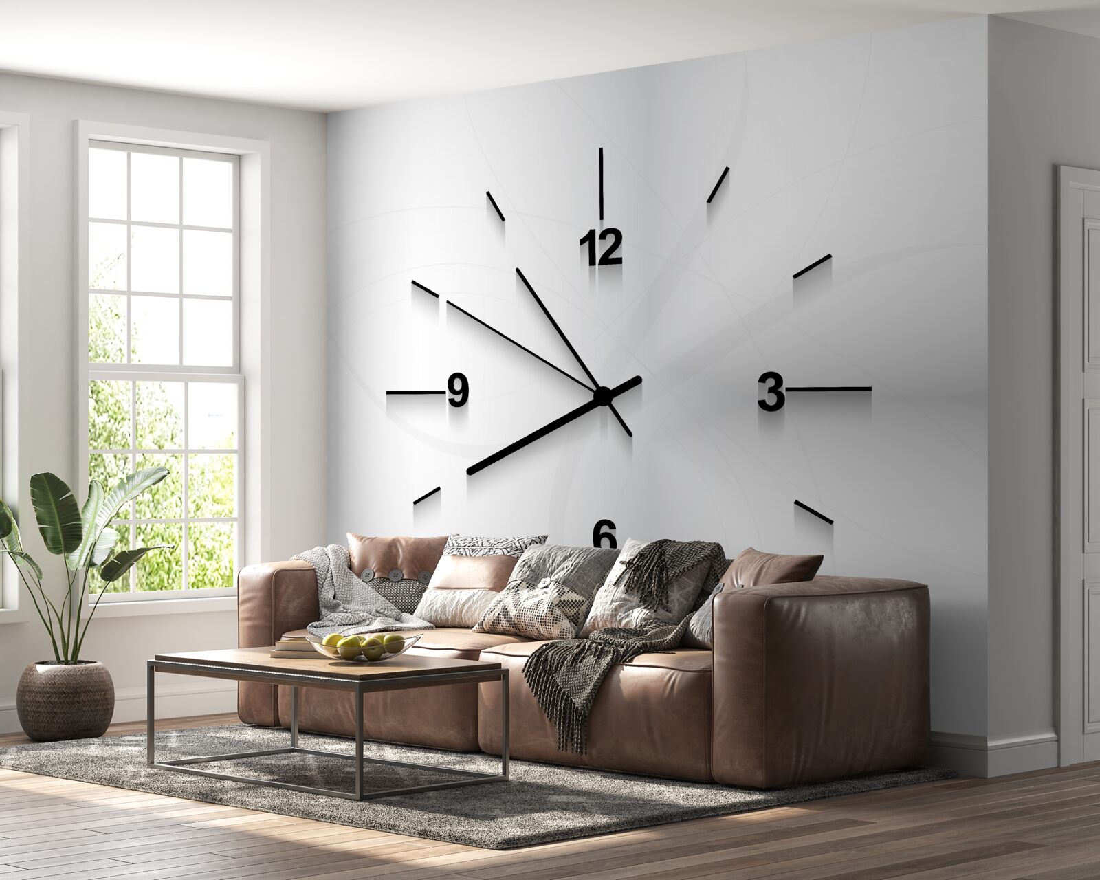 Fototapeten Eine silberne Uhr mit vier Zahlen hängt an der Wand