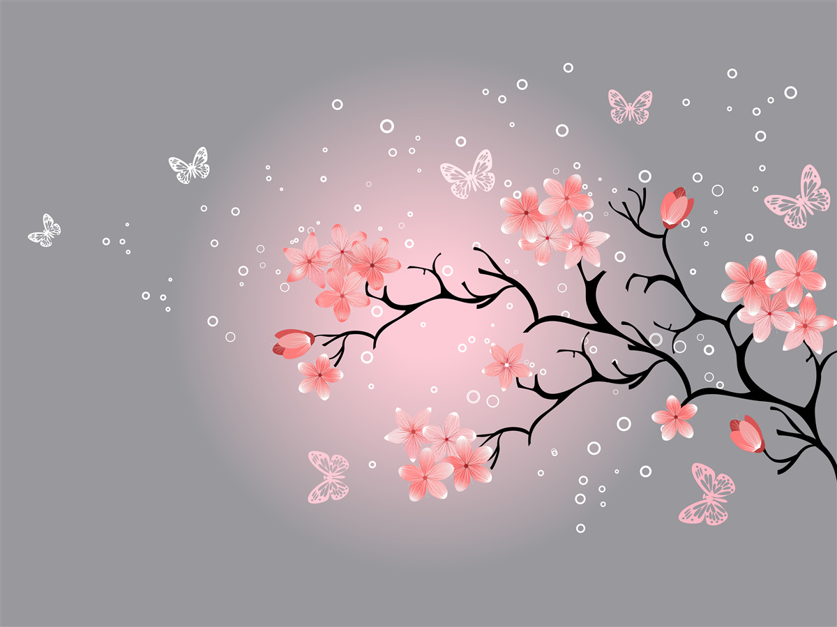 Fototapeten Sakura -Schmetterlinge und Ast