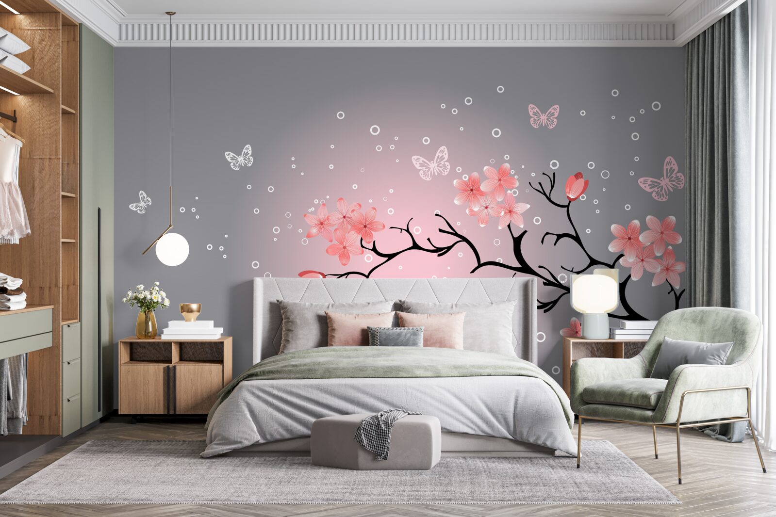 Fototapeten Sakura -Schmetterlinge und Ast
