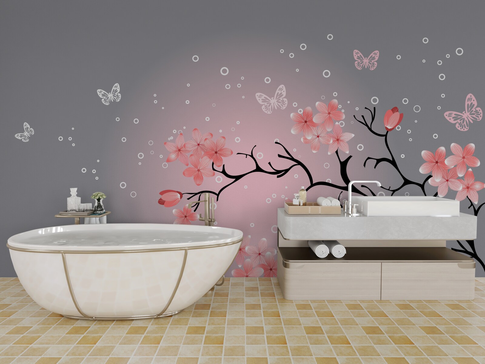 Fototapeten Sakura -Schmetterlinge und Ast