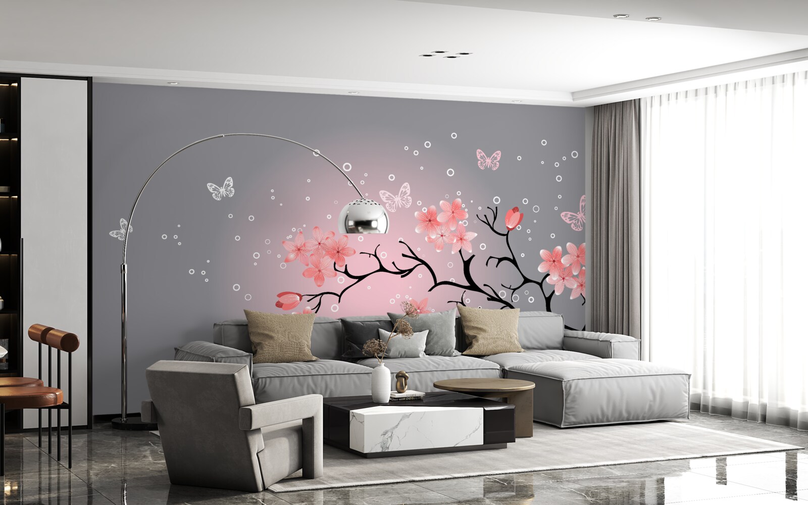Fototapeten Sakura -Schmetterlinge und Ast