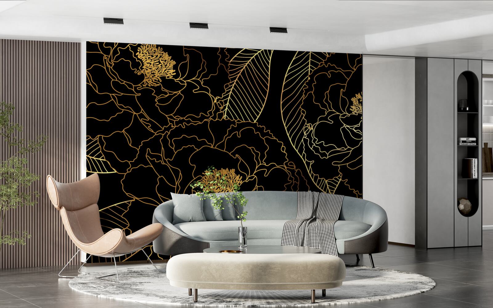 Fototapeten Textur von Blättern und Blumen, mit Gold beschattet