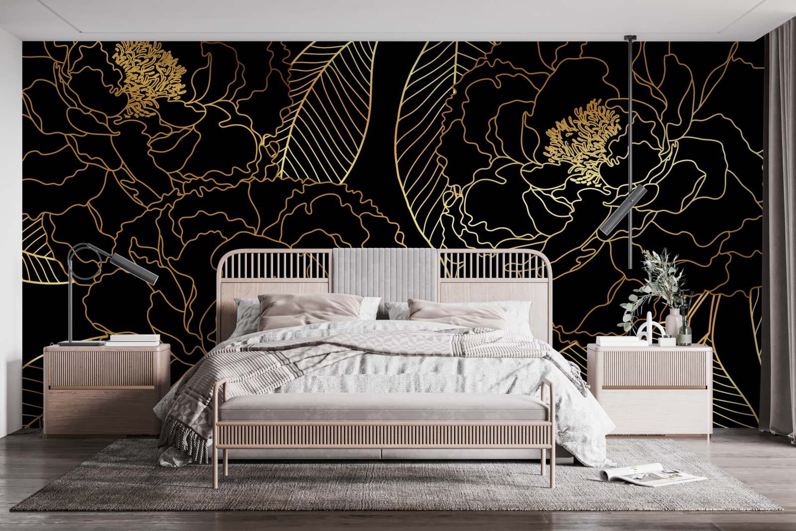 Fototapeten Textur von Blättern und Blumen, mit Gold beschattet