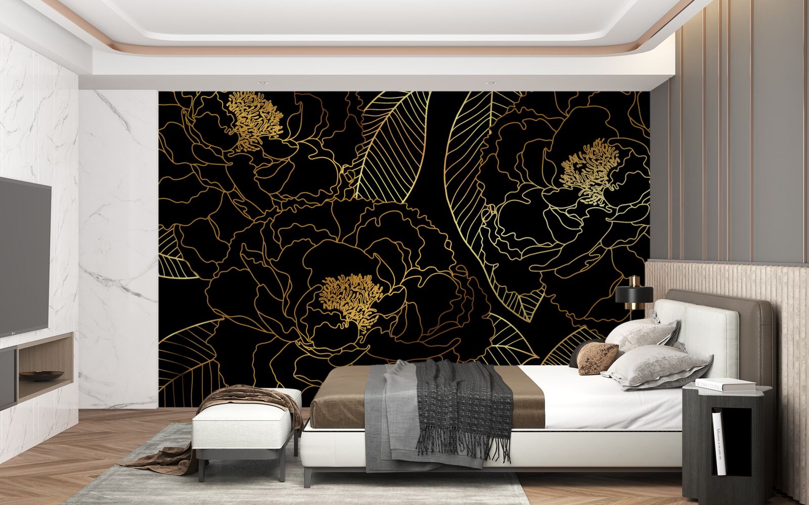Fototapeten Textur von Blättern und Blumen, mit Gold beschattet