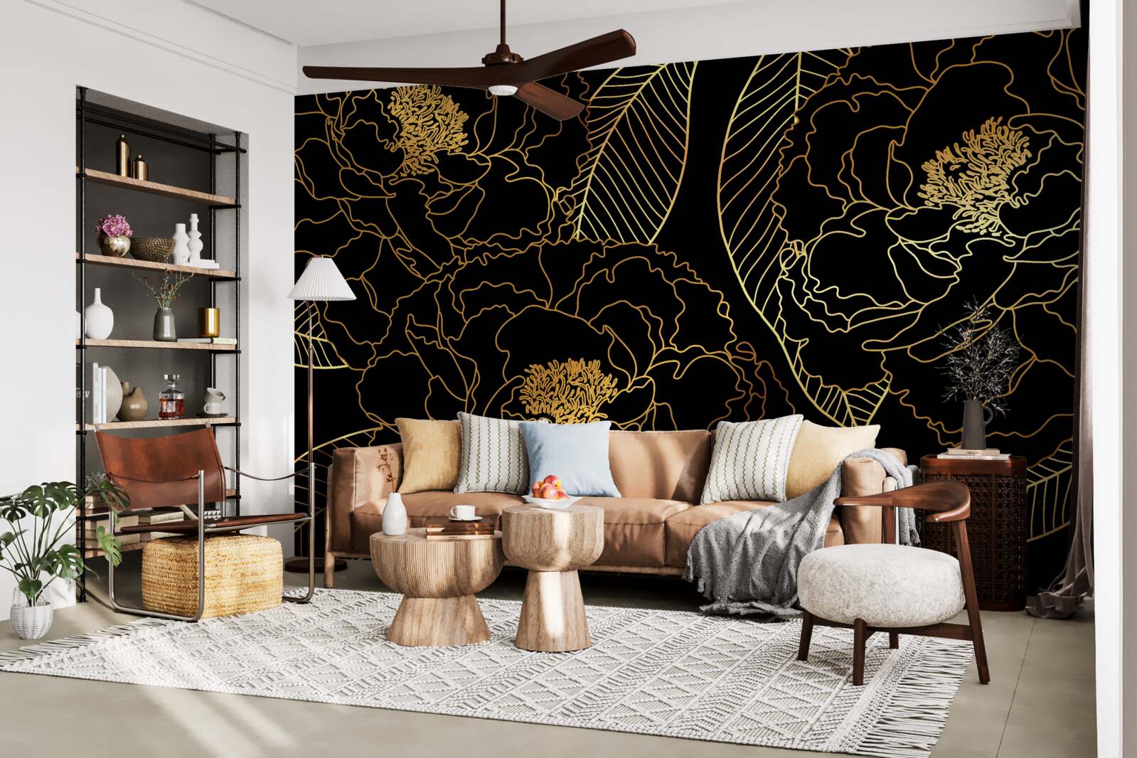 Fototapeten Textur von Blättern und Blumen, mit Gold beschattet