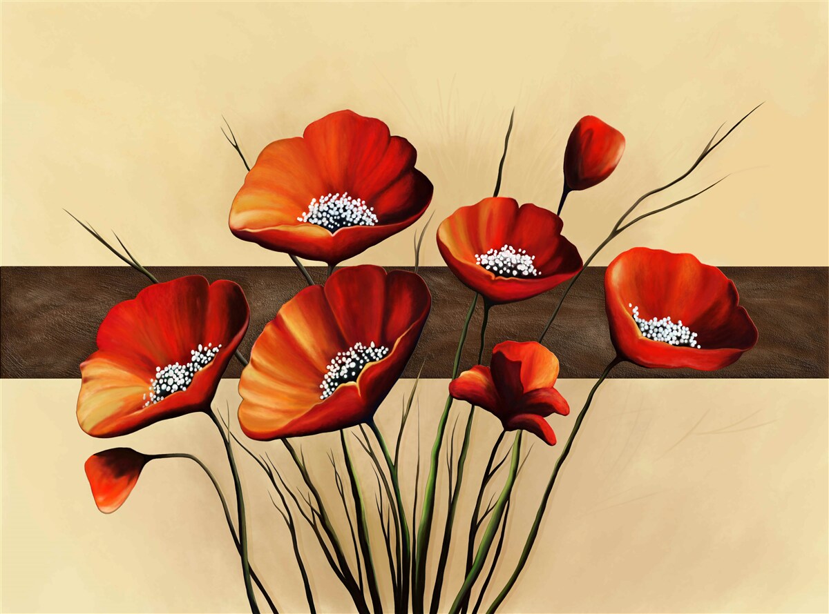 Fototapeten Eine Reihe charmanter scharlachroter Mohnblumen