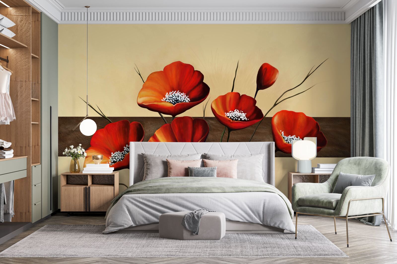 Fototapeten Eine Reihe charmanter scharlachroter Mohnblumen