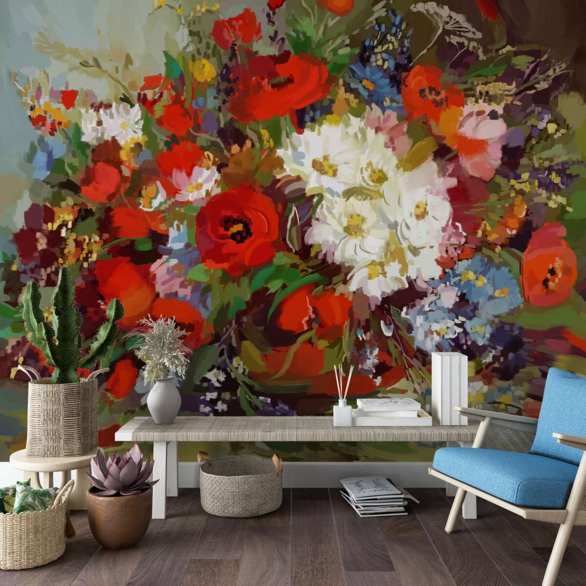 Fototapeten Zusammensetzung von Blumen, die von Sommerwiesen gesammelt wurden