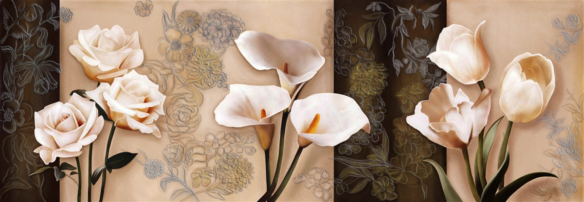 Fototapeten Tulpen, Kalie und Rosen in einem beige Farbton