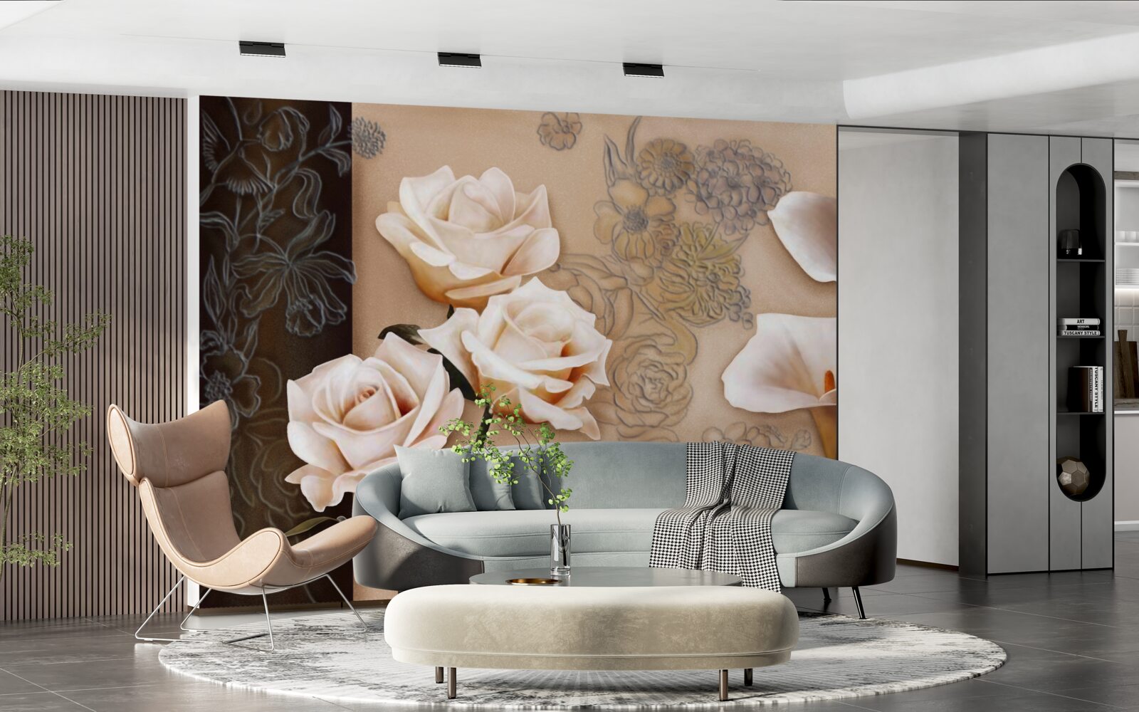 Fototapeten Tulpen, Kalie und Rosen in einem beige Farbton