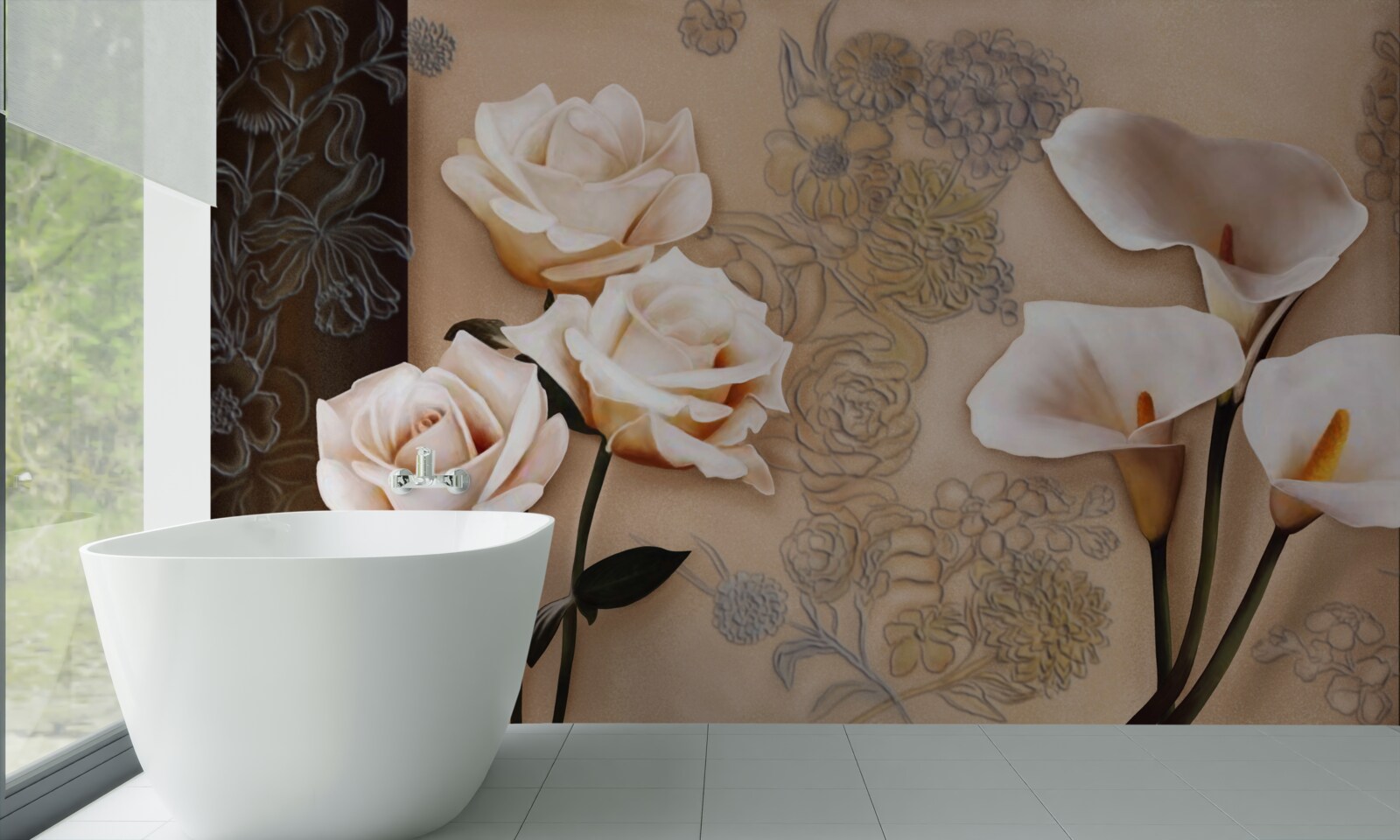 Fototapeten Tulpen, Kalie und Rosen in einem beige Farbton
