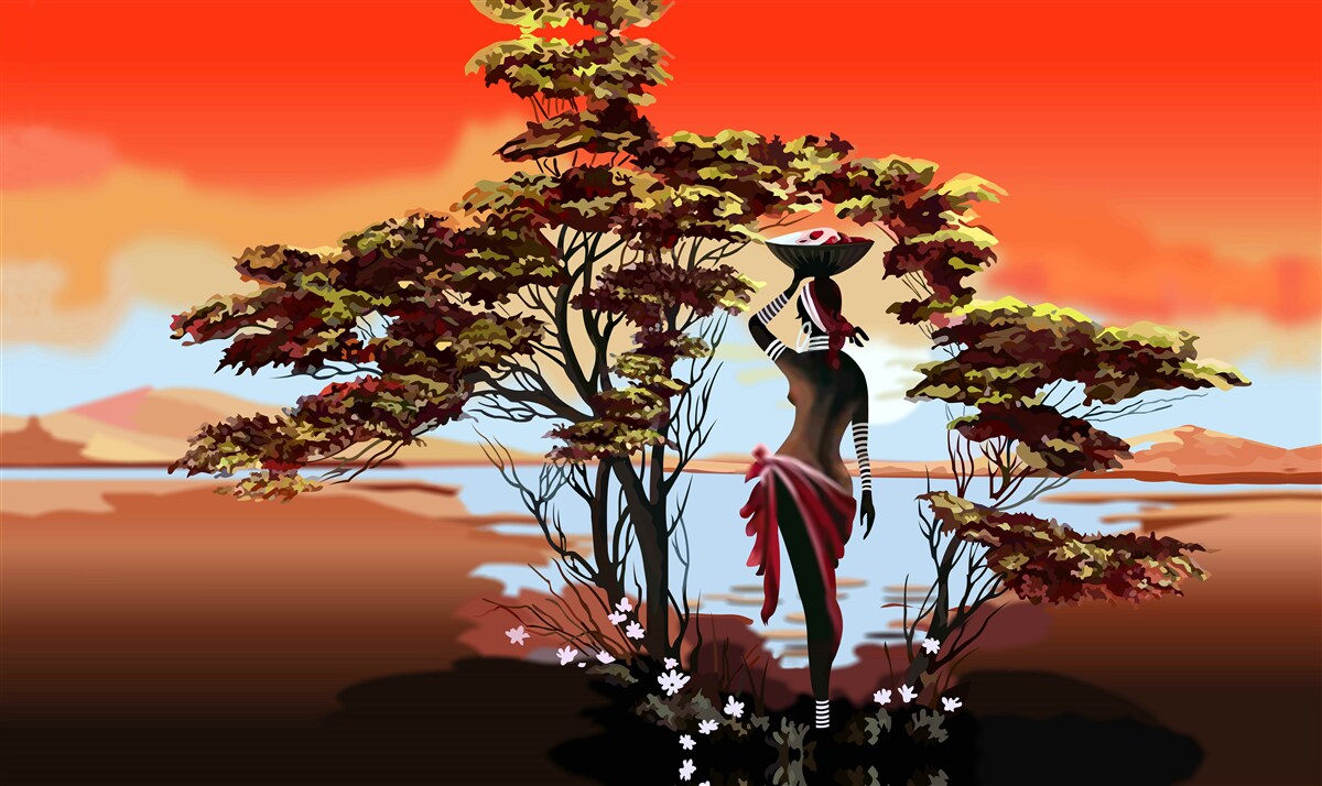 Fototapeten Eine Dame in einer Oase in Afrika