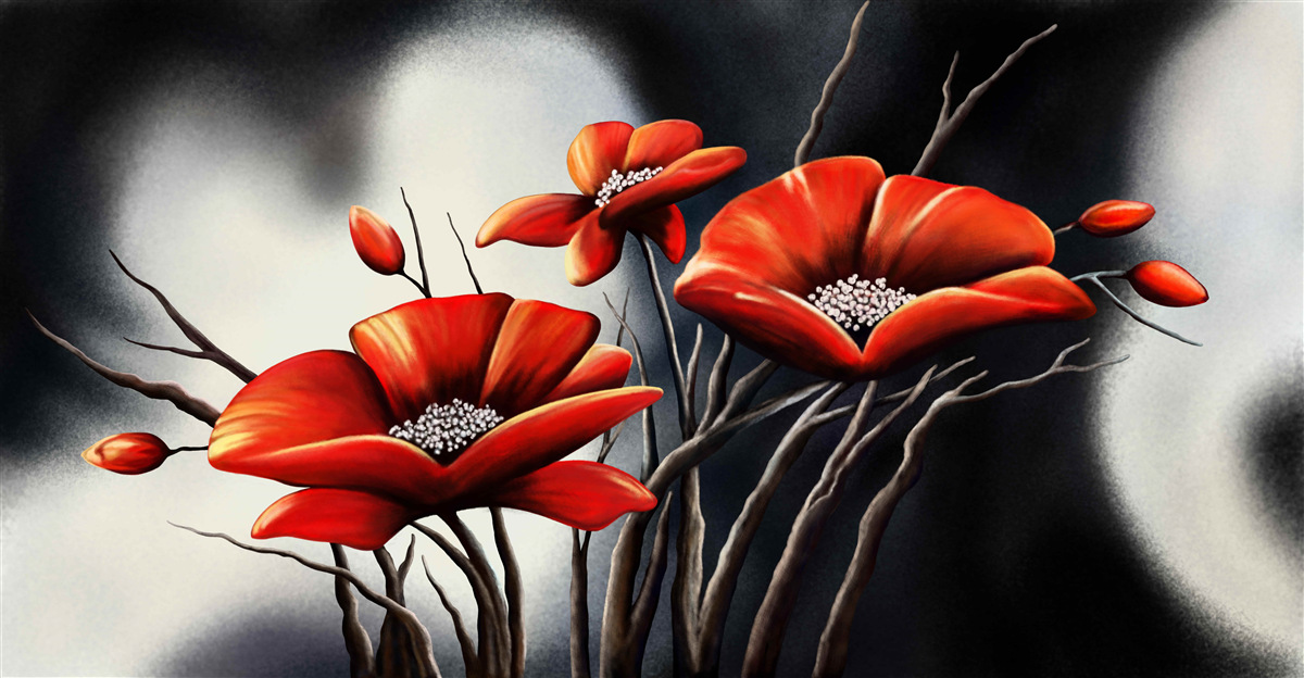 Fototapeten Der schwarze Hintergrund ist mit roten Mohnblumen dekoriert