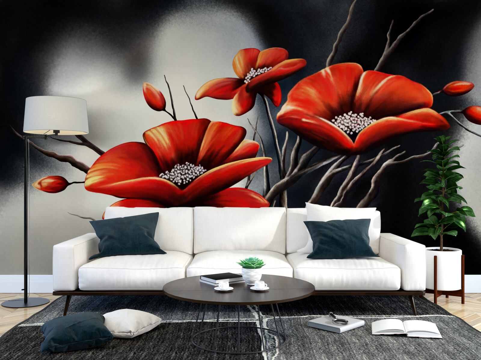Fototapeten Der schwarze Hintergrund ist mit roten Mohnblumen dekoriert