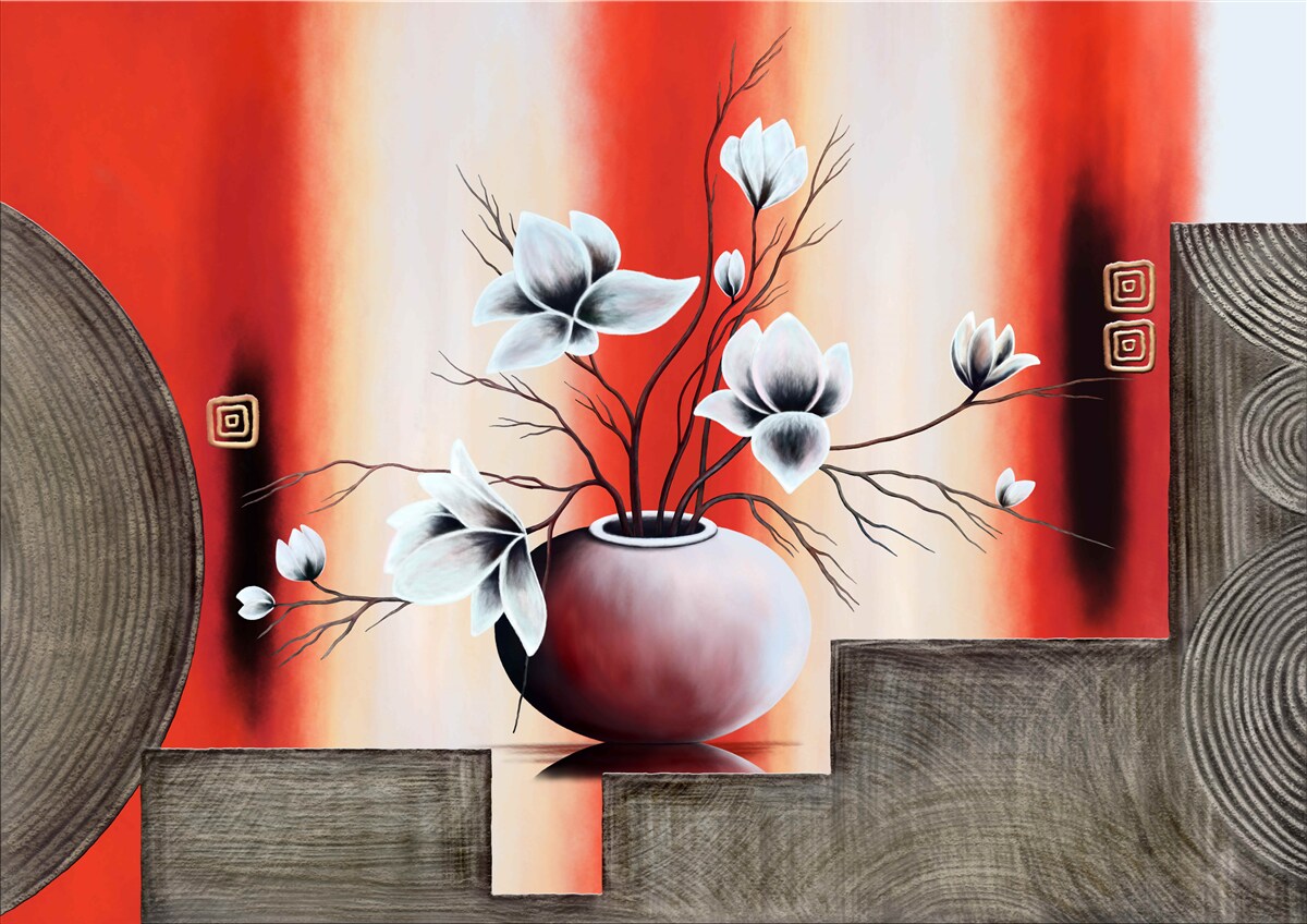 Fototapeten Eine rote Vase mit zarten weißen Blüten