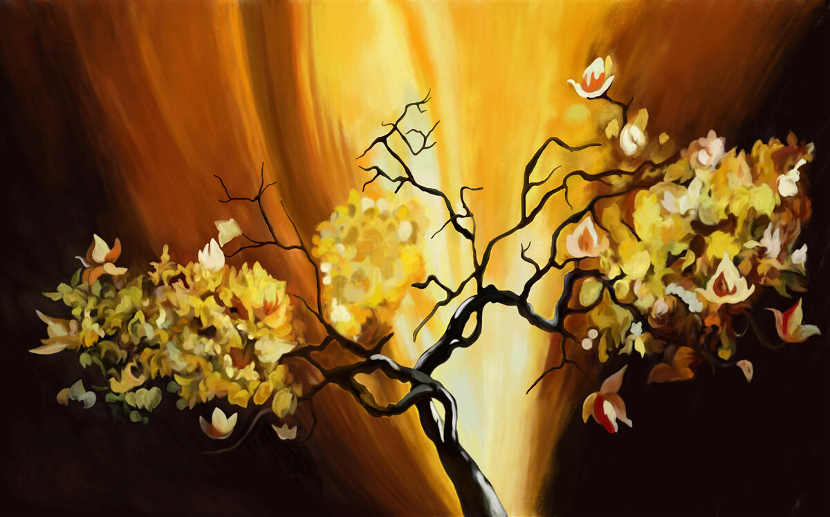 Fototapeten Ein Baum, der am Rand des Sonnenuntergangs fließt