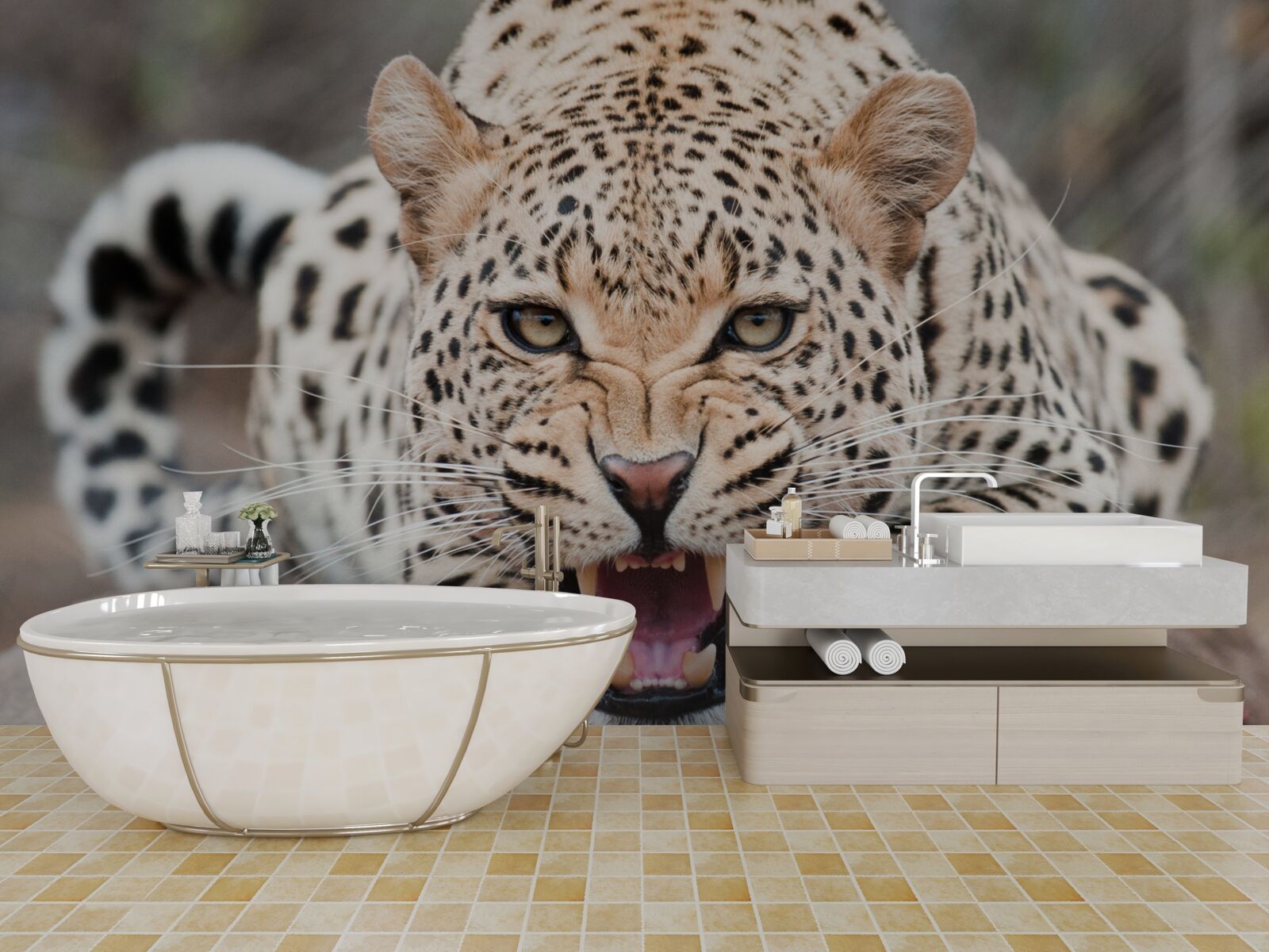 Fototapeten Leopard wird einen Sprung machen