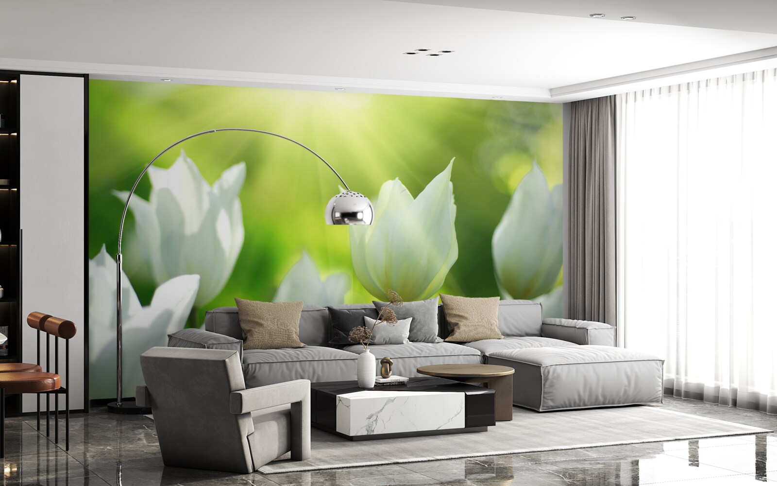 Fototapeten Schnee -White -Tulpen unter den Sonnenstrahlen
