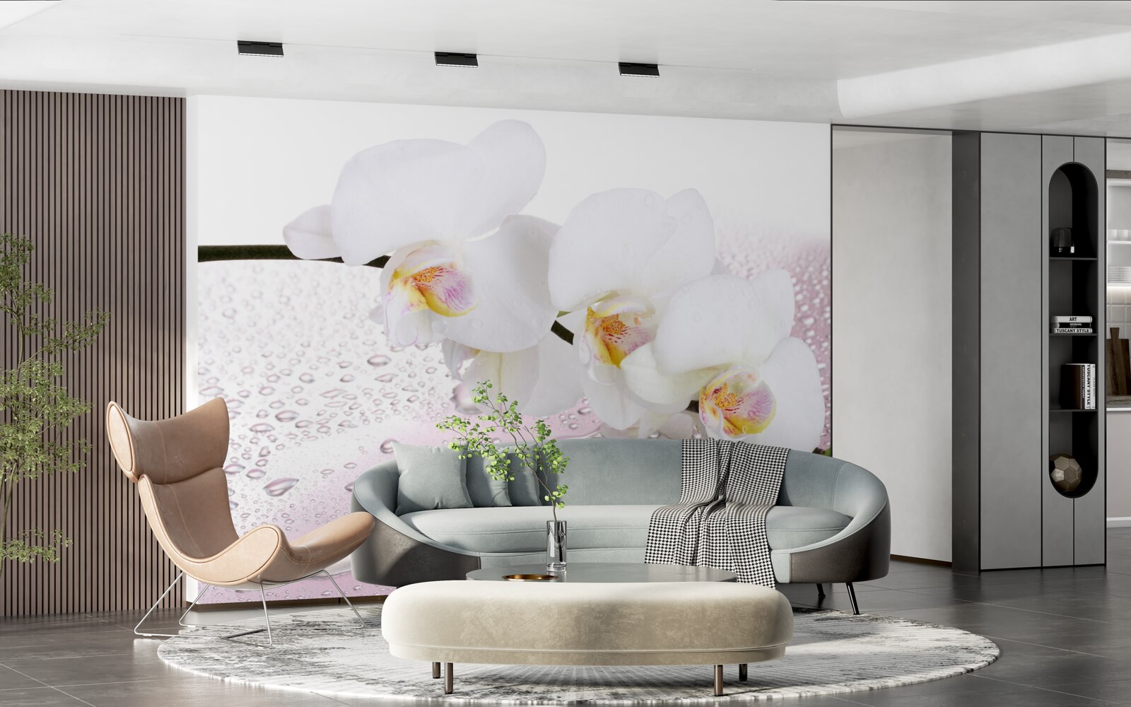 Fototapeten Nass weißer Zweig der Orchidee, die mit Wassertropfen verziert sind