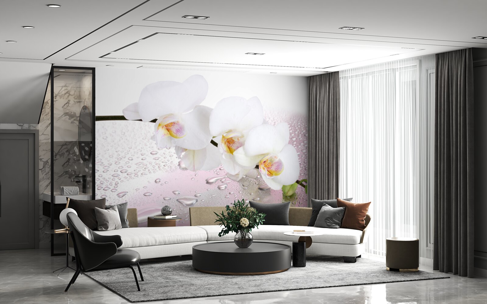Fototapeten Nass weißer Zweig der Orchidee, die mit Wassertropfen verziert sind