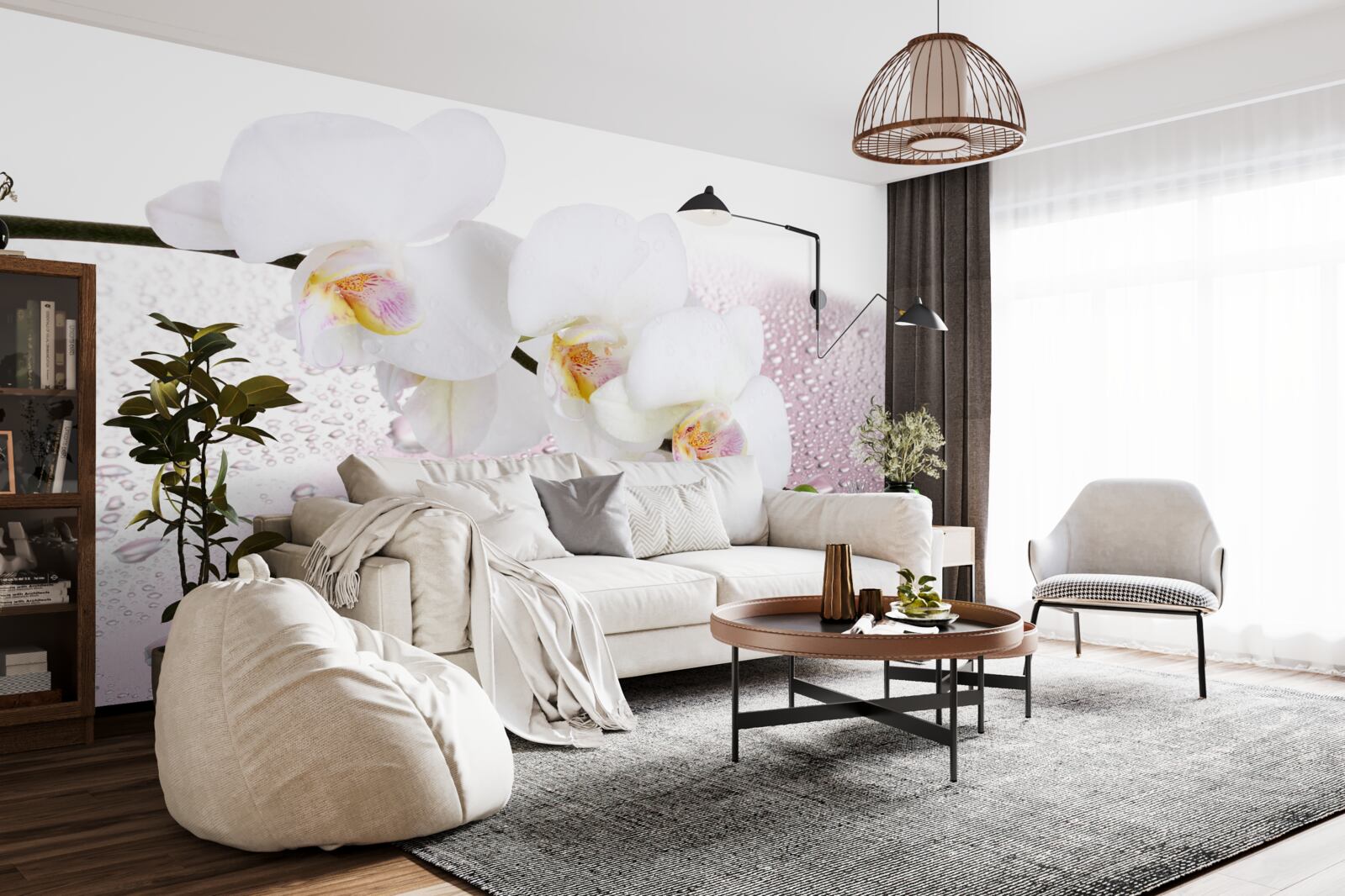 Fototapeten Nass weißer Zweig der Orchidee, die mit Wassertropfen verziert sind