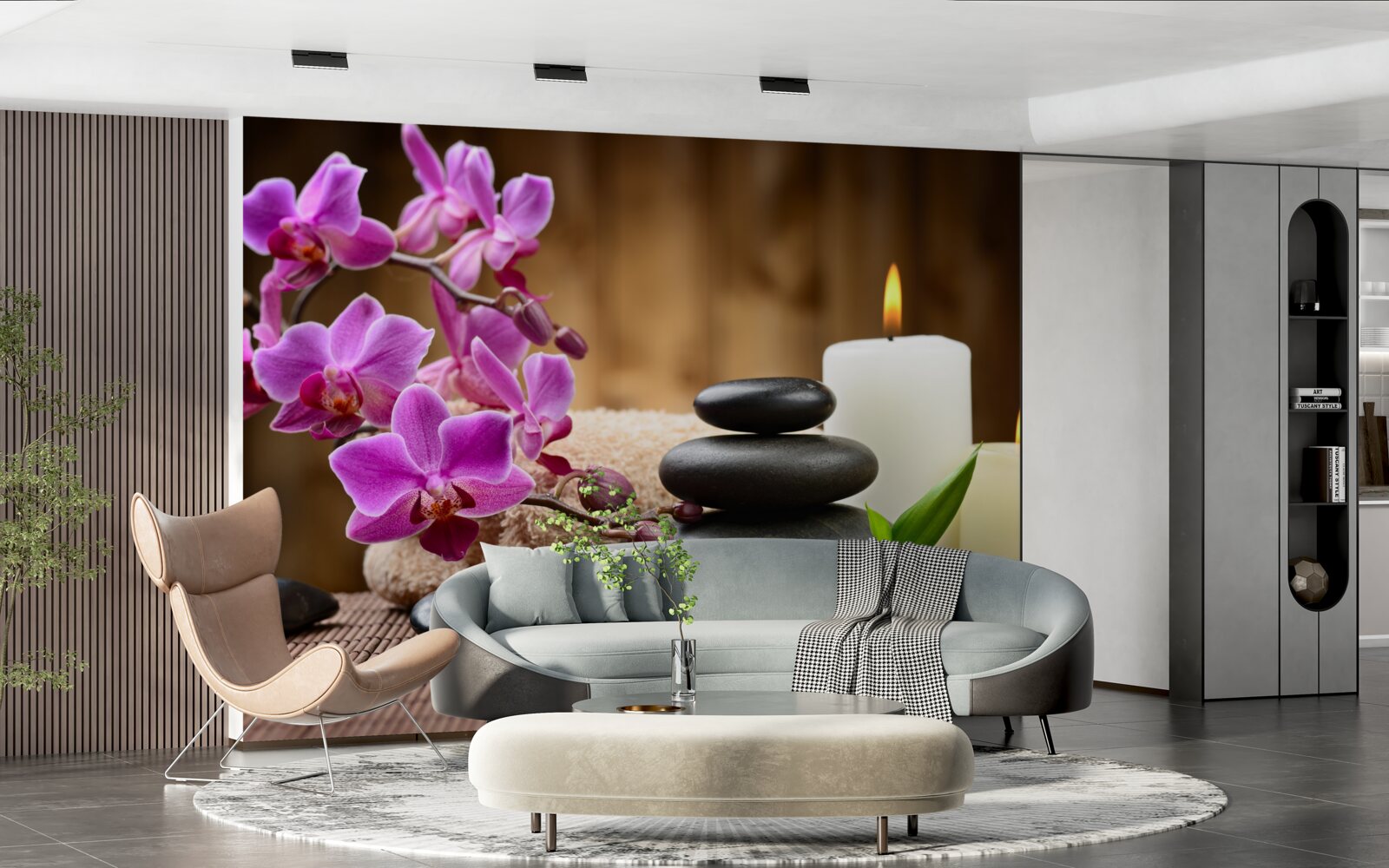 Fototapeten Orchidee umgeben von Kerzen und Steinen