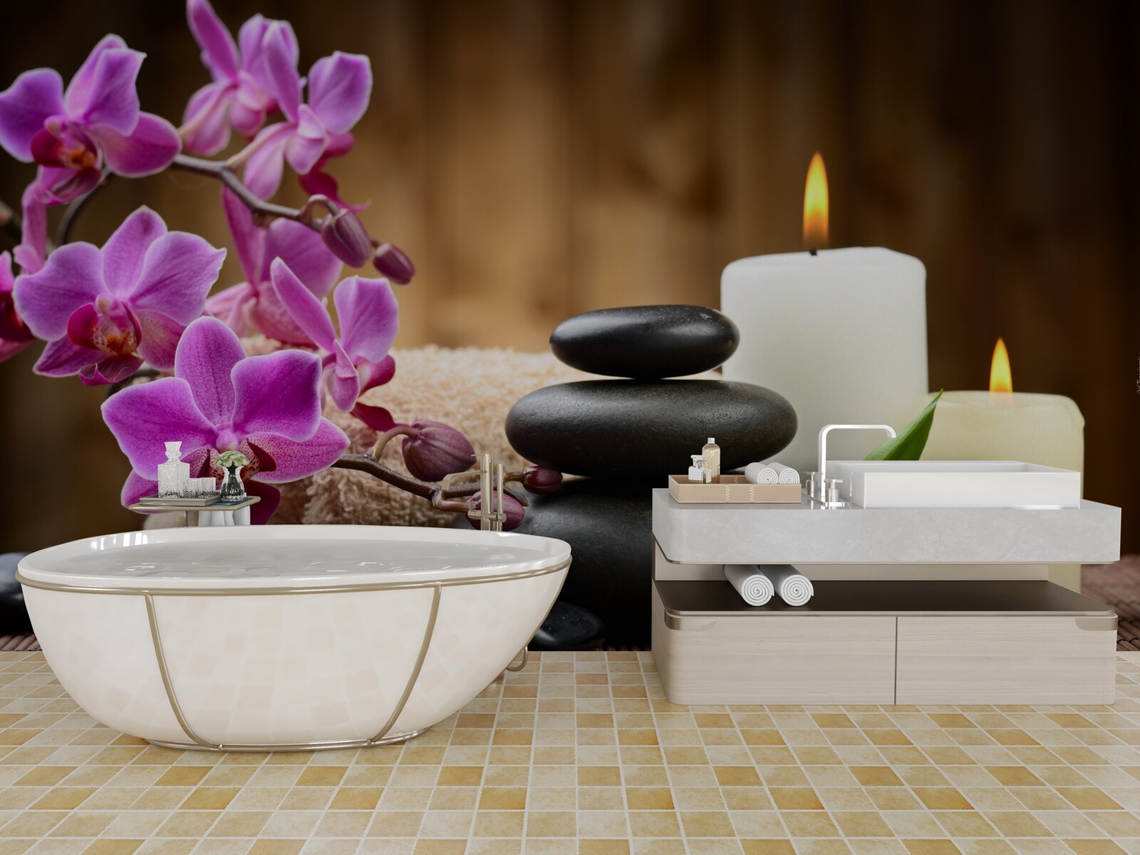 Fototapeten Orchidee umgeben von Kerzen und Steinen