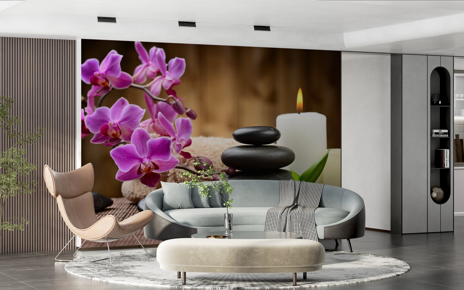 Fototapeten Orchidee umgeben von Kerzen und Steinen