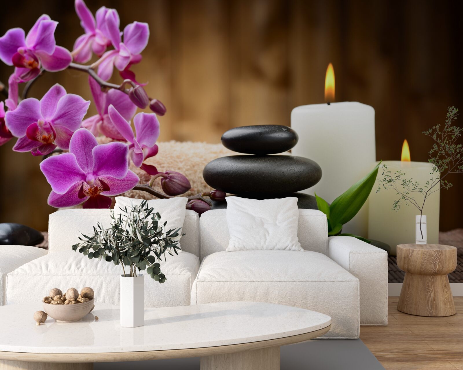 Fototapeten Orchidee umgeben von Kerzen und Steinen