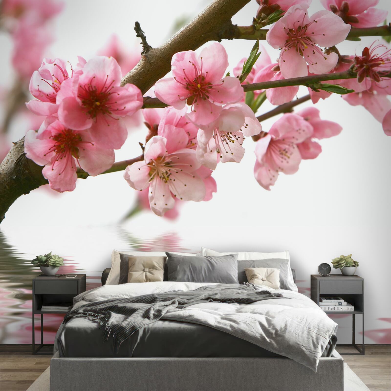 Fototapeten Rosa Zweig von Sakura hängt über dem Wasser