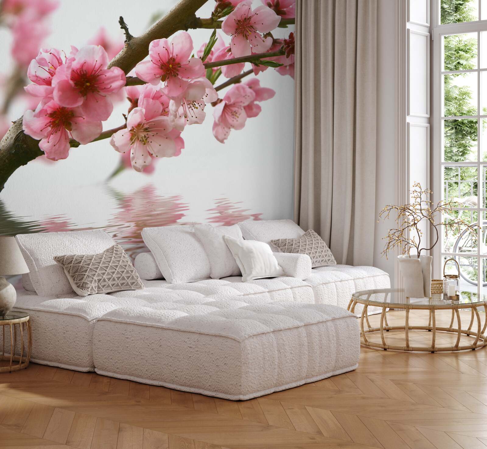 Fototapeten Rosa Zweig von Sakura hängt über dem Wasser