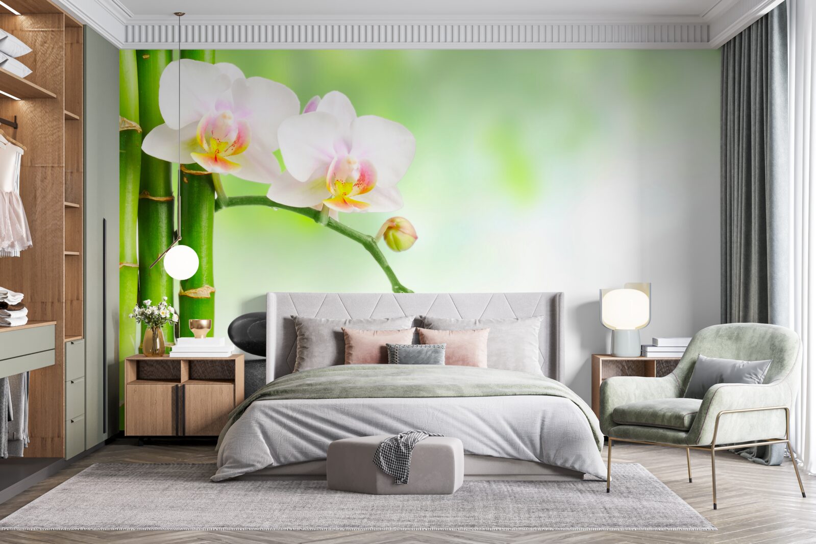 Fototapeten Weiße Orchidee, Steine ​​und Bambus