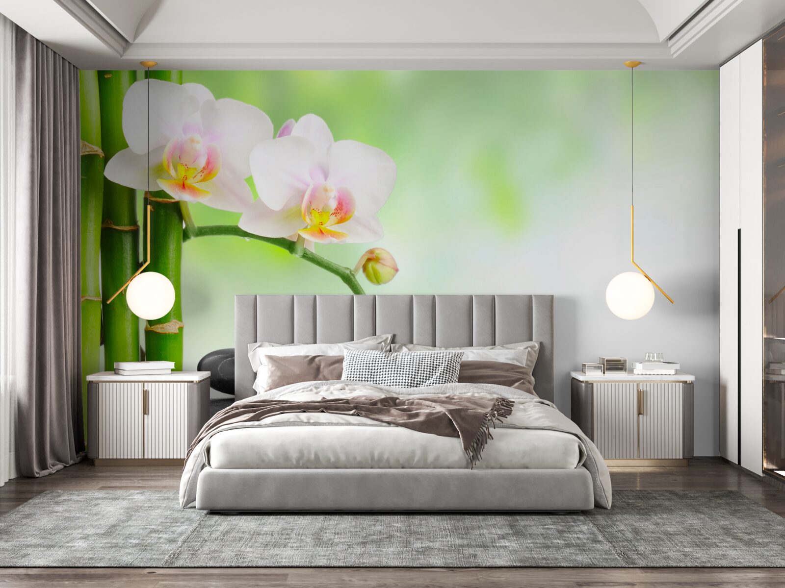 Fototapeten Weiße Orchidee, Steine ​​und Bambus