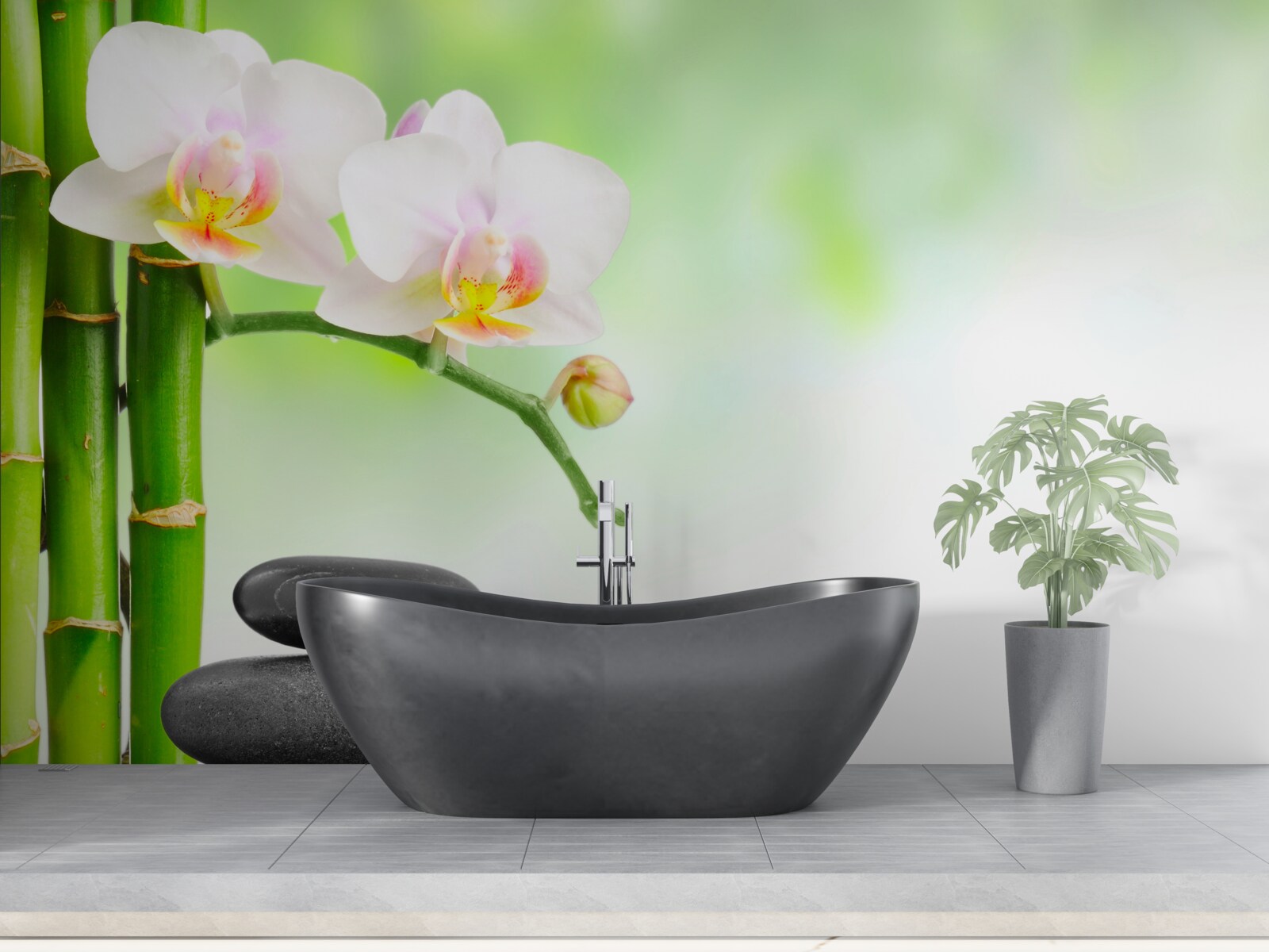Fototapeten Weiße Orchidee, Steine ​​und Bambus