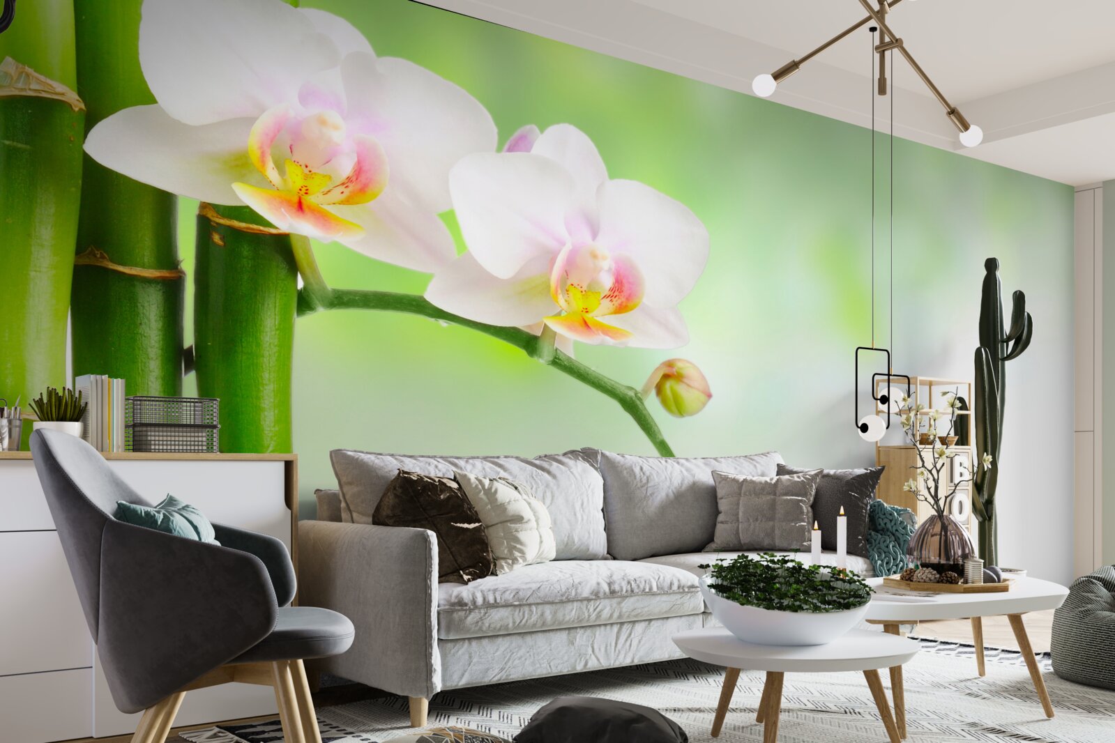 Fototapeten Weiße Orchidee, Steine ​​und Bambus