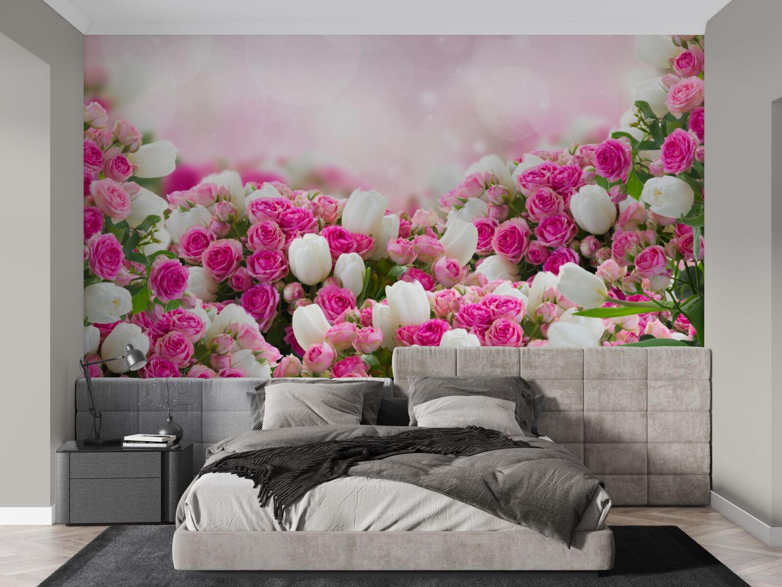 Fototapeten Rosa Rosen und weiße Tulpen