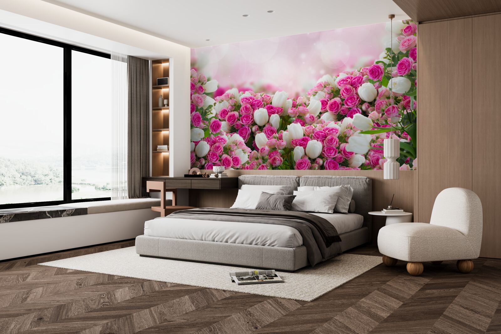 Fototapeten Rosa Rosen und weiße Tulpen