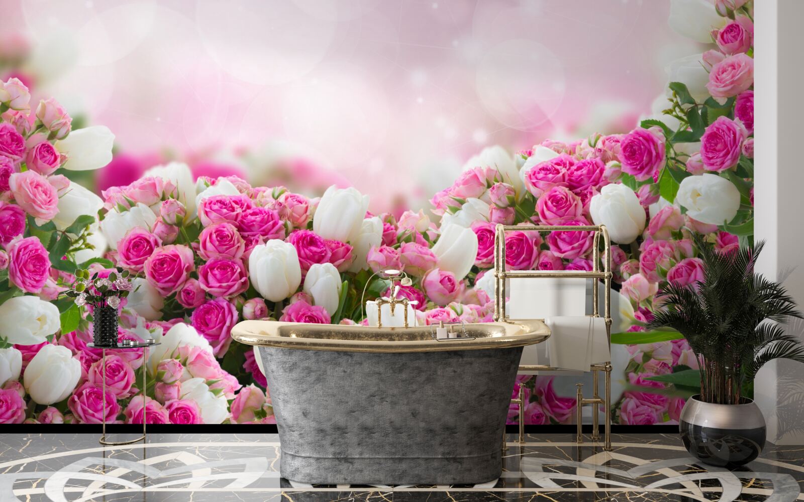 Fototapeten Rosa Rosen und weiße Tulpen