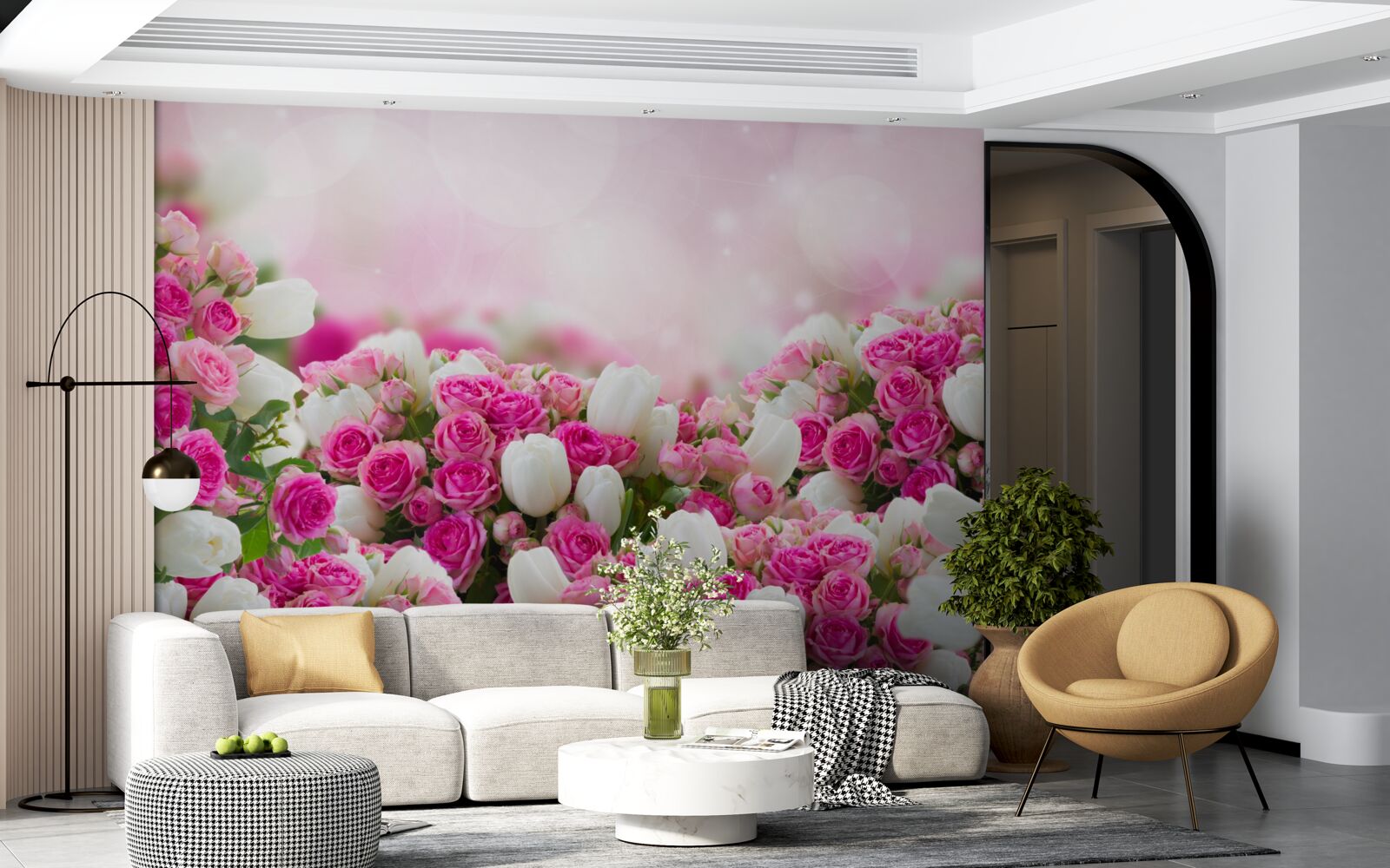 Fototapeten Rosa Rosen und weiße Tulpen