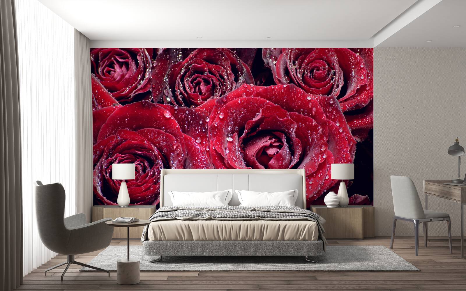 Fototapeten Scharlachrote Blumen nach der Dusche