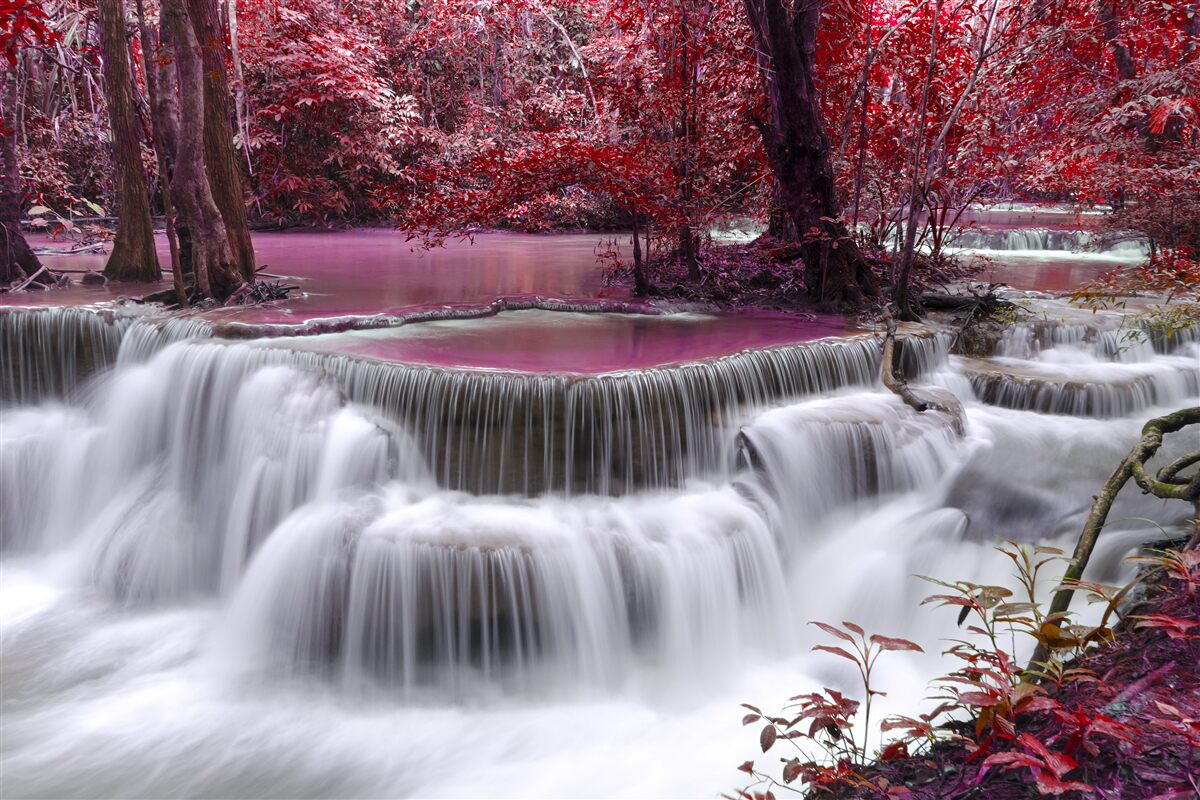 Fototapeten Herbstwasserfall im Wald in roten Farben
