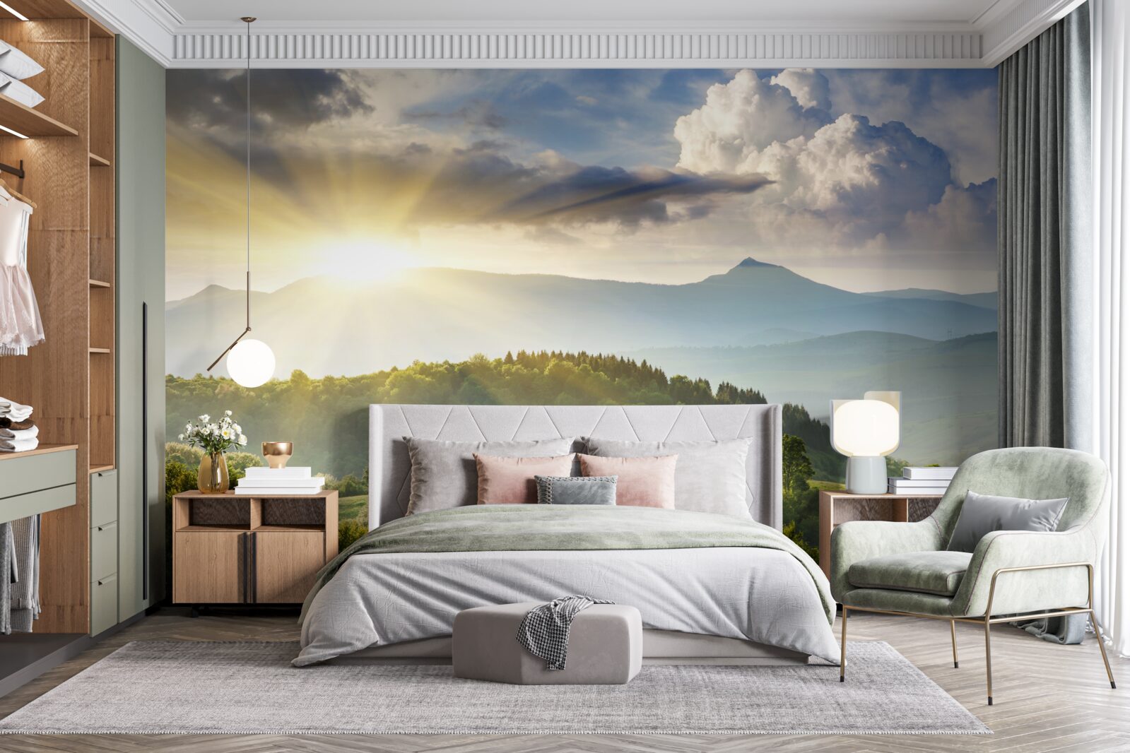 Fototapeten Morgenstrahlen der Sonne über den Berggipfeln