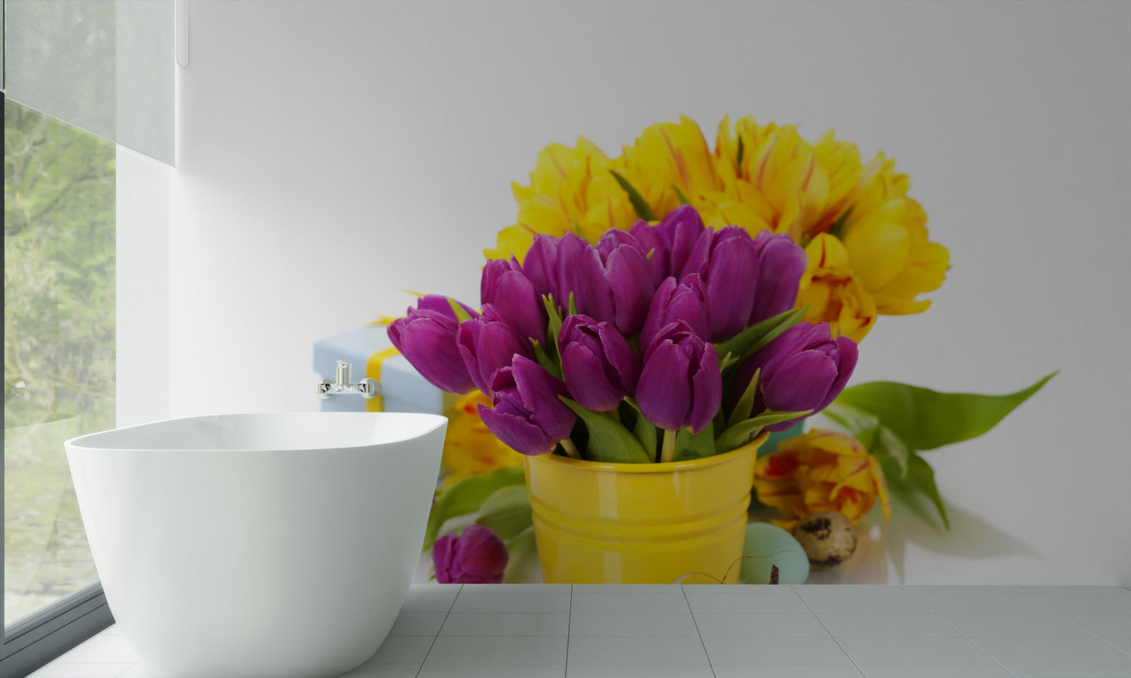 Fototapeten Eine Reihe lila Tulpen