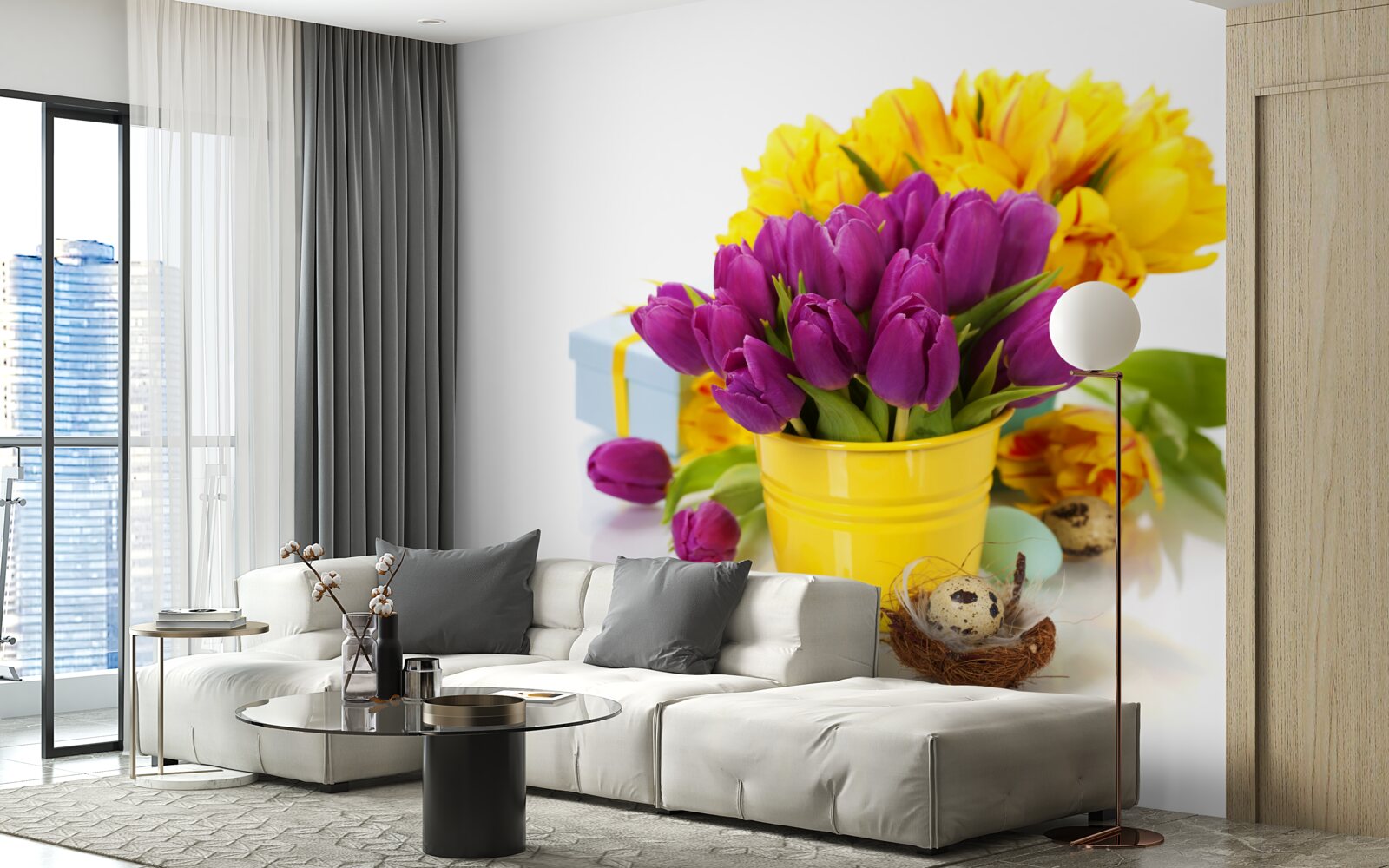 Fototapeten Eine Reihe lila Tulpen