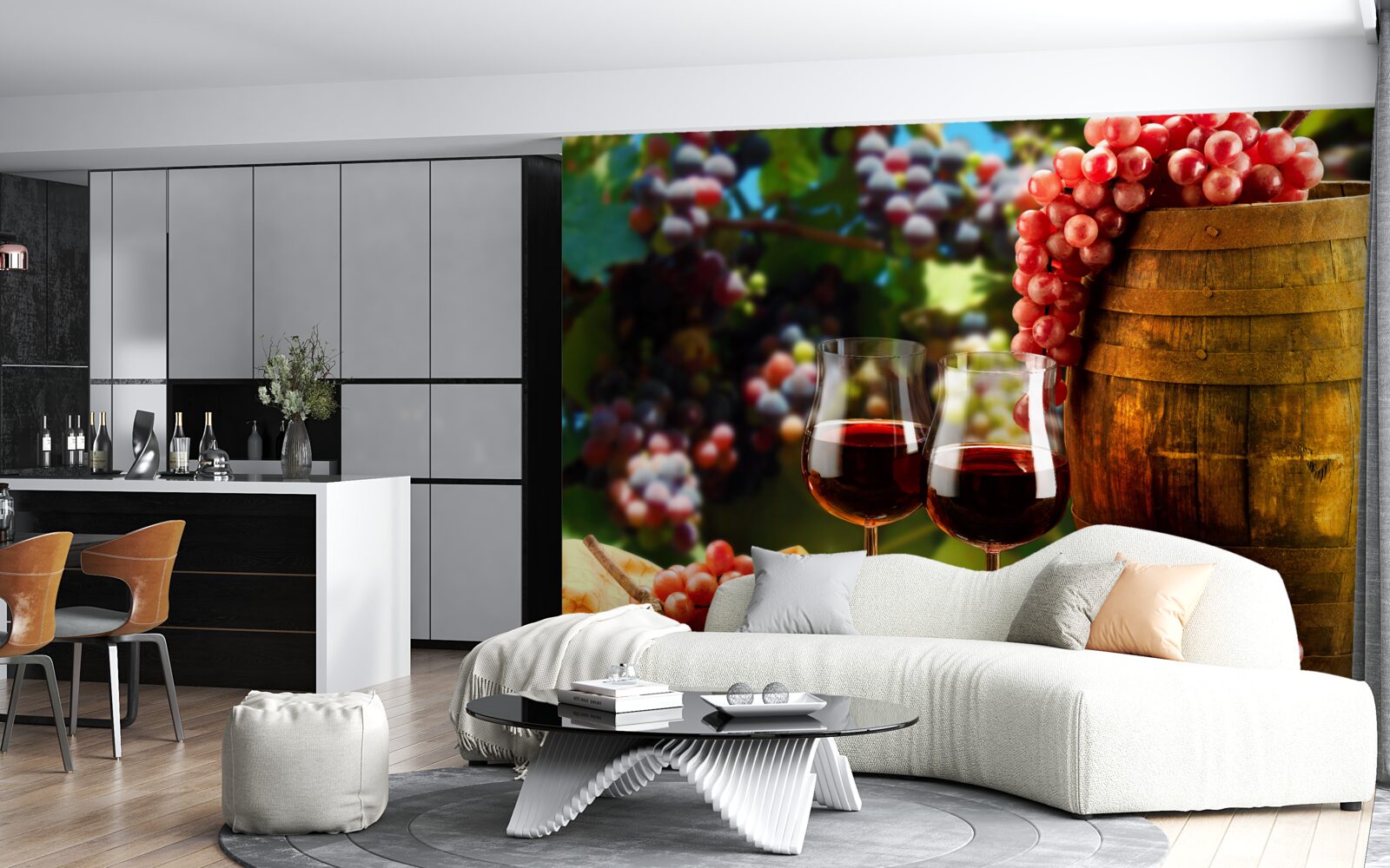 Fototapeten Die Traubenbälle sind ein Hintergrund für mit Wein gefüllte Brille