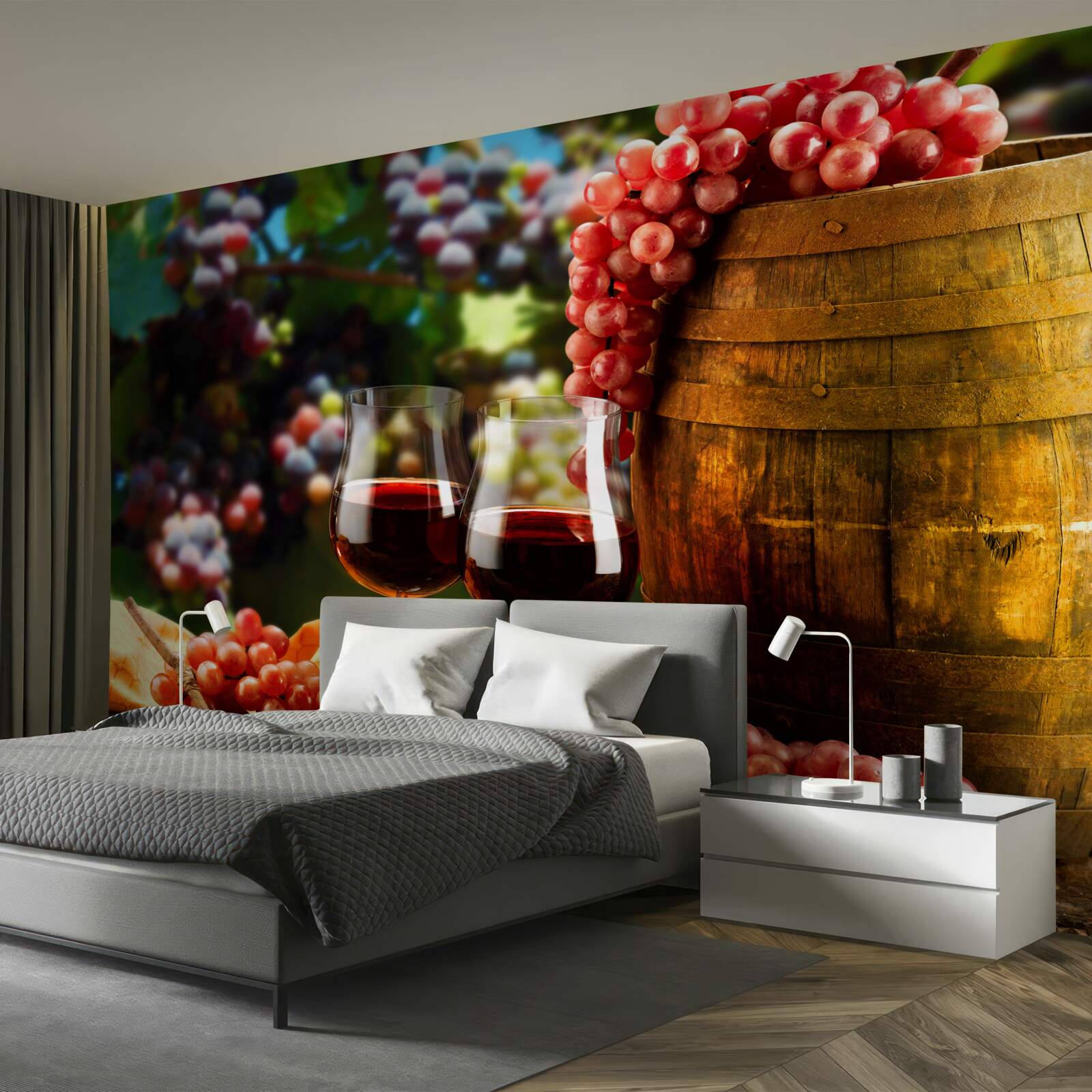 Fototapeten Die Traubenbälle sind ein Hintergrund für mit Wein gefüllte Brille