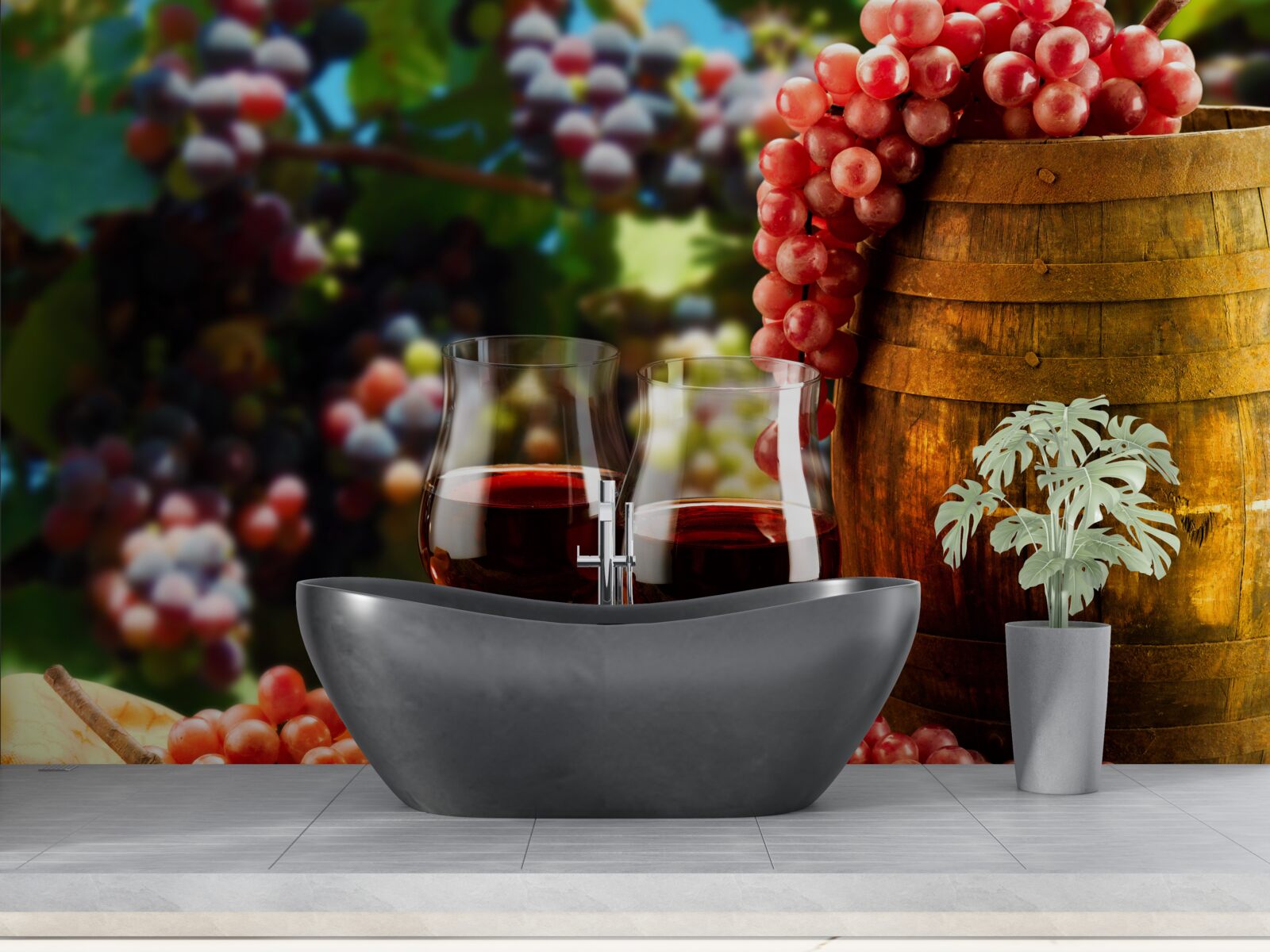 Fototapeten Die Traubenbälle sind ein Hintergrund für mit Wein gefüllte Brille